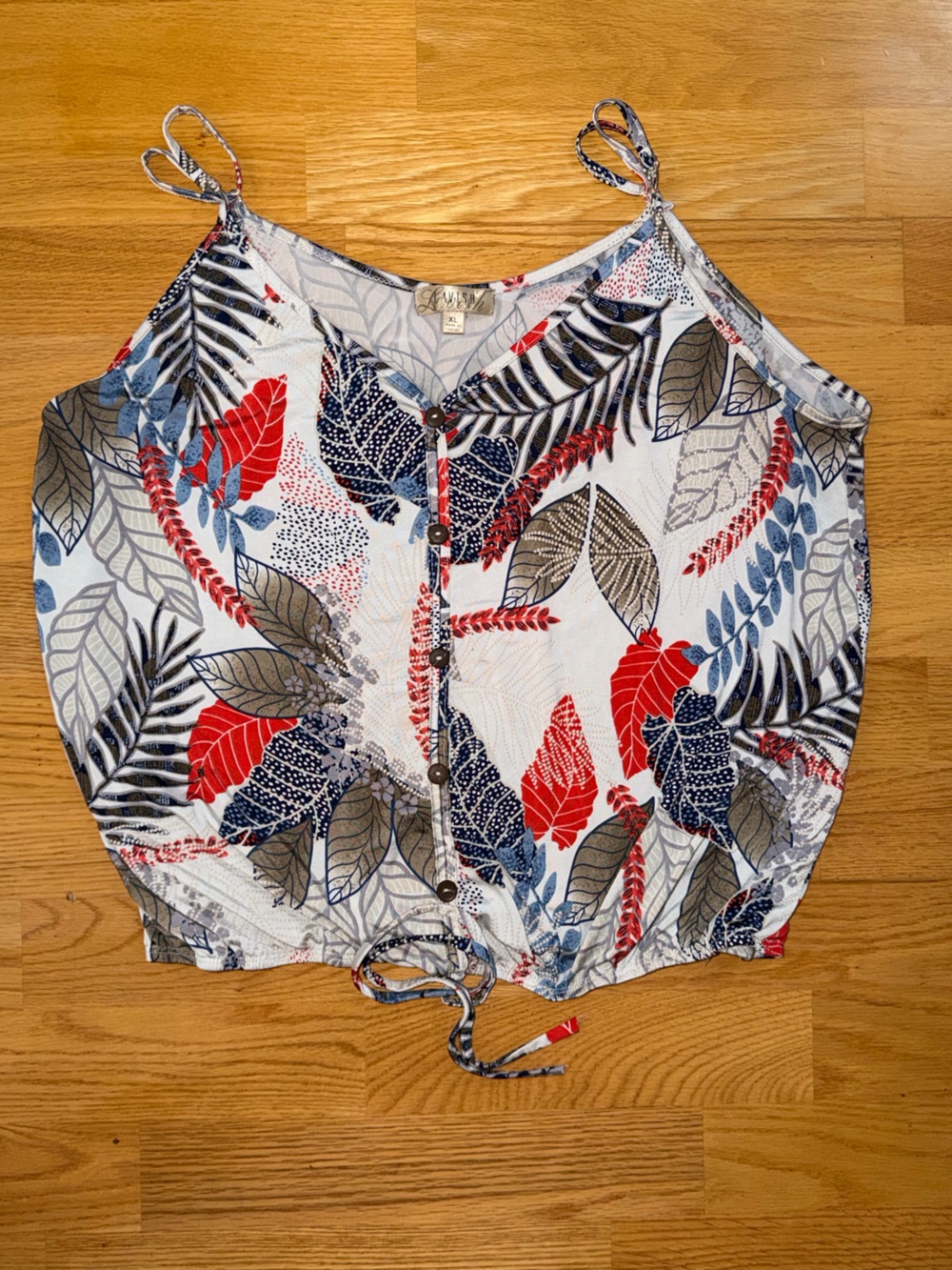 Lavish White Tropical Leaf Button-Front Cami with Red & Navy Accents